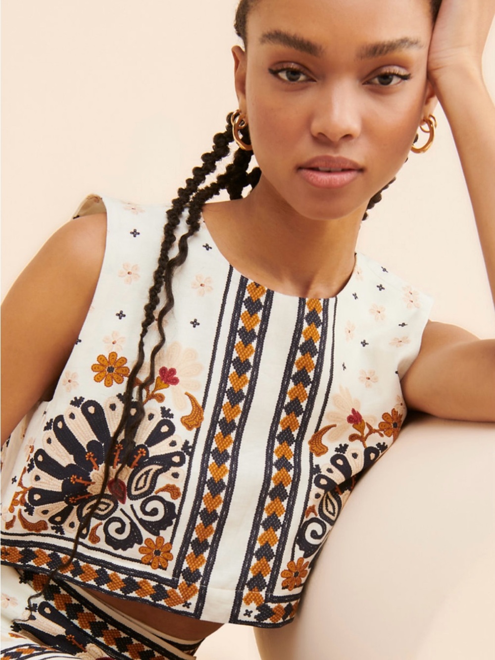 Farm Rio Flower Fan Tapestry Sleeveless Crop Top